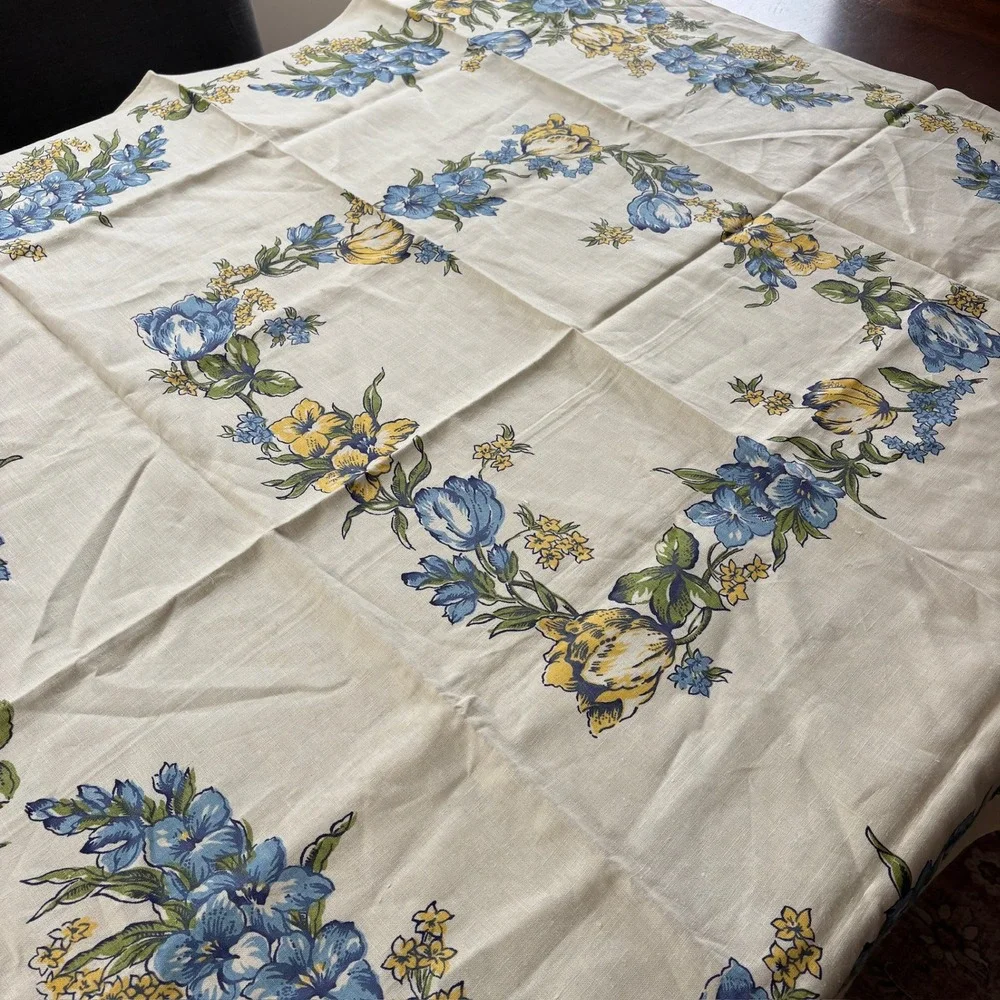 NOS Vintage Waverly Linen Tablecloth Hand Printed Blue Yellow Floral 52x52 USA